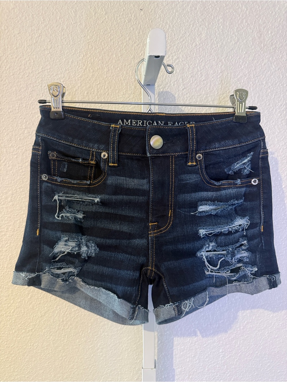 American Eagle Outfitters Dark Blue Distressed High Rise Denim Jean Shorts